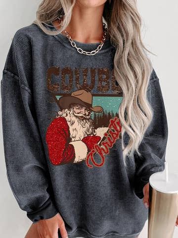 Cowboy Christmas Santa Graphic Corded Knit Sweatshirt