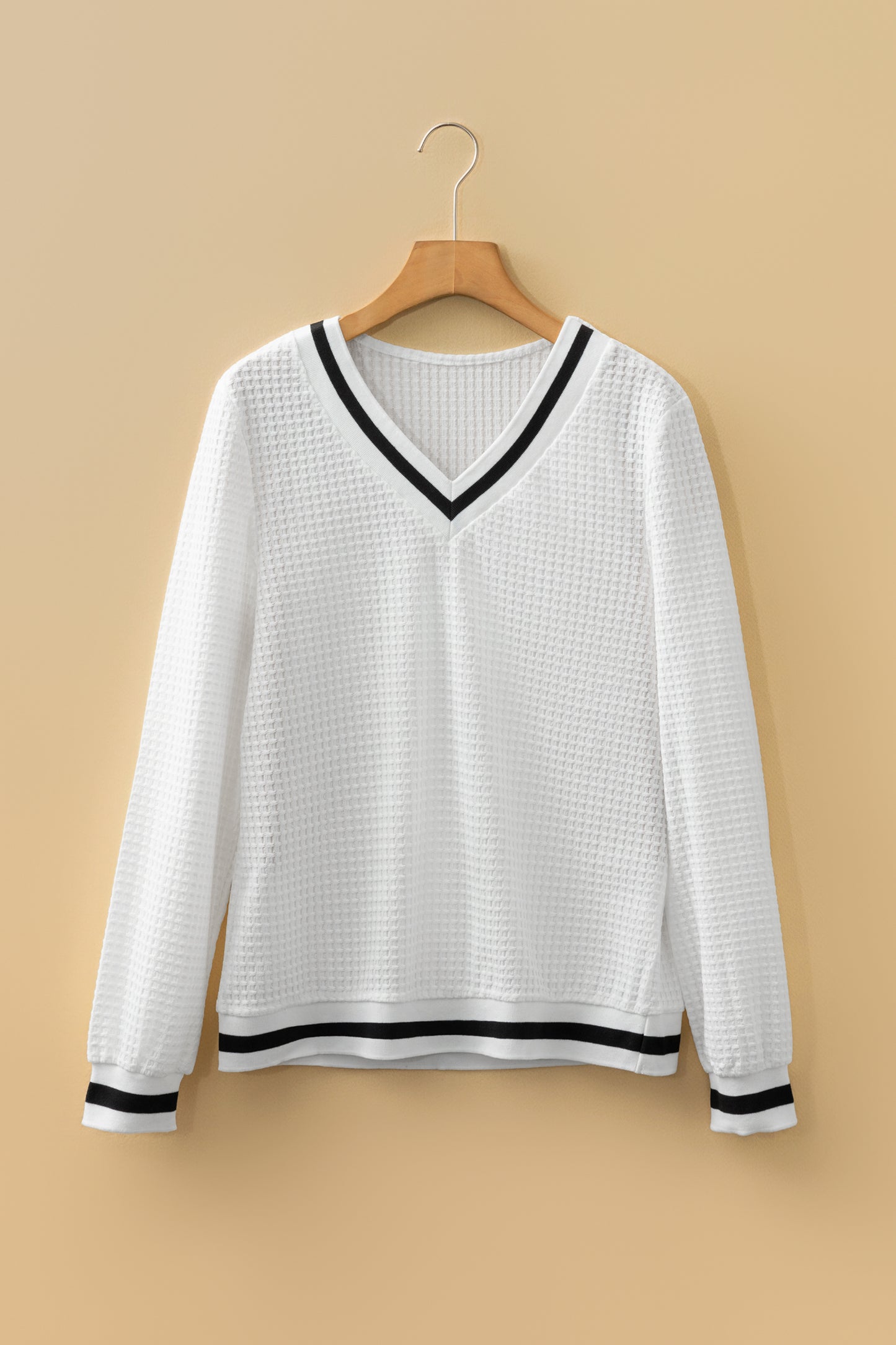 White Waffle Knit V Neck Long Sleeve Top with Striped Trim