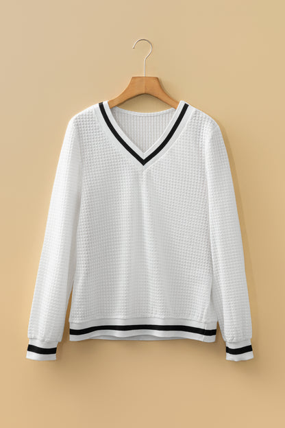 White Waffle Knit V Neck Long Sleeve Top with Striped Trim