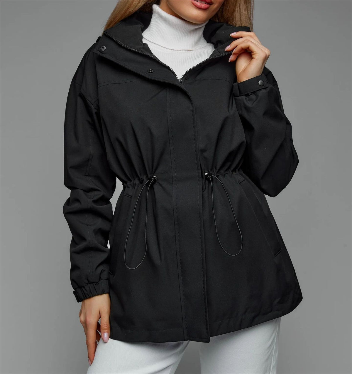 Women's Hooded Drawstring Waist Windbreaker Jacket
