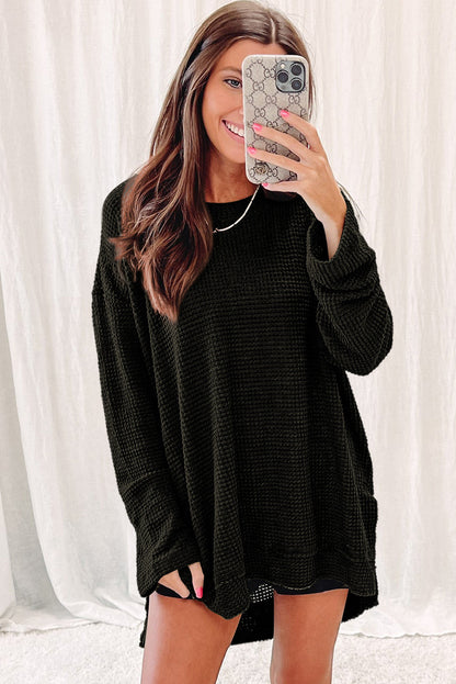 Black Waffle Knit Oversized Top with Side Slits