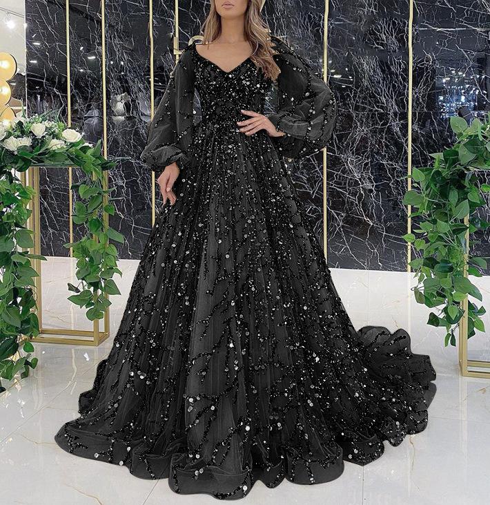 Women's Beaded V-Neck Puff Sleeve Formal Evening Gown