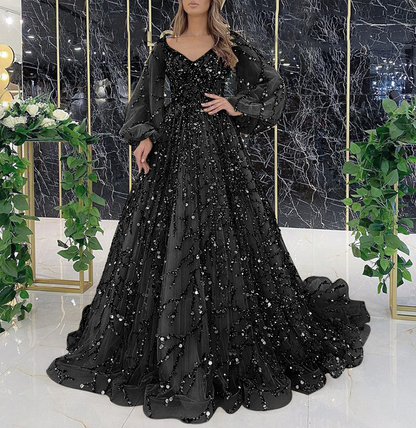 Women's Beaded V-Neck Puff Sleeve Formal Evening Gown