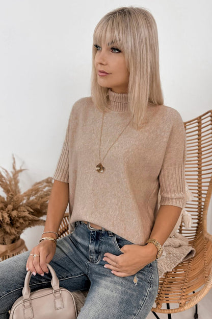 Beige Mock Neck Ribbed Short Sleeve Sweater Top