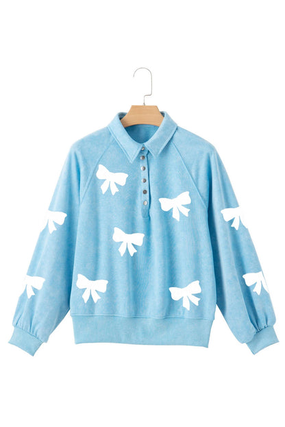 Valentine's DayBow Snap Buttons Collared Pullover Sweatshirt