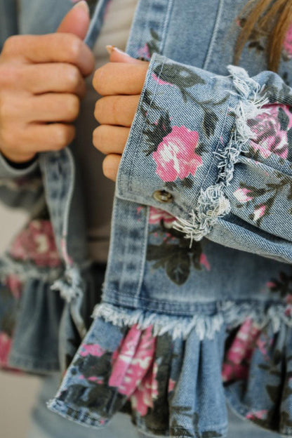Floral Denim Jacket Ruffle Hem Puff Sleeve Cropped