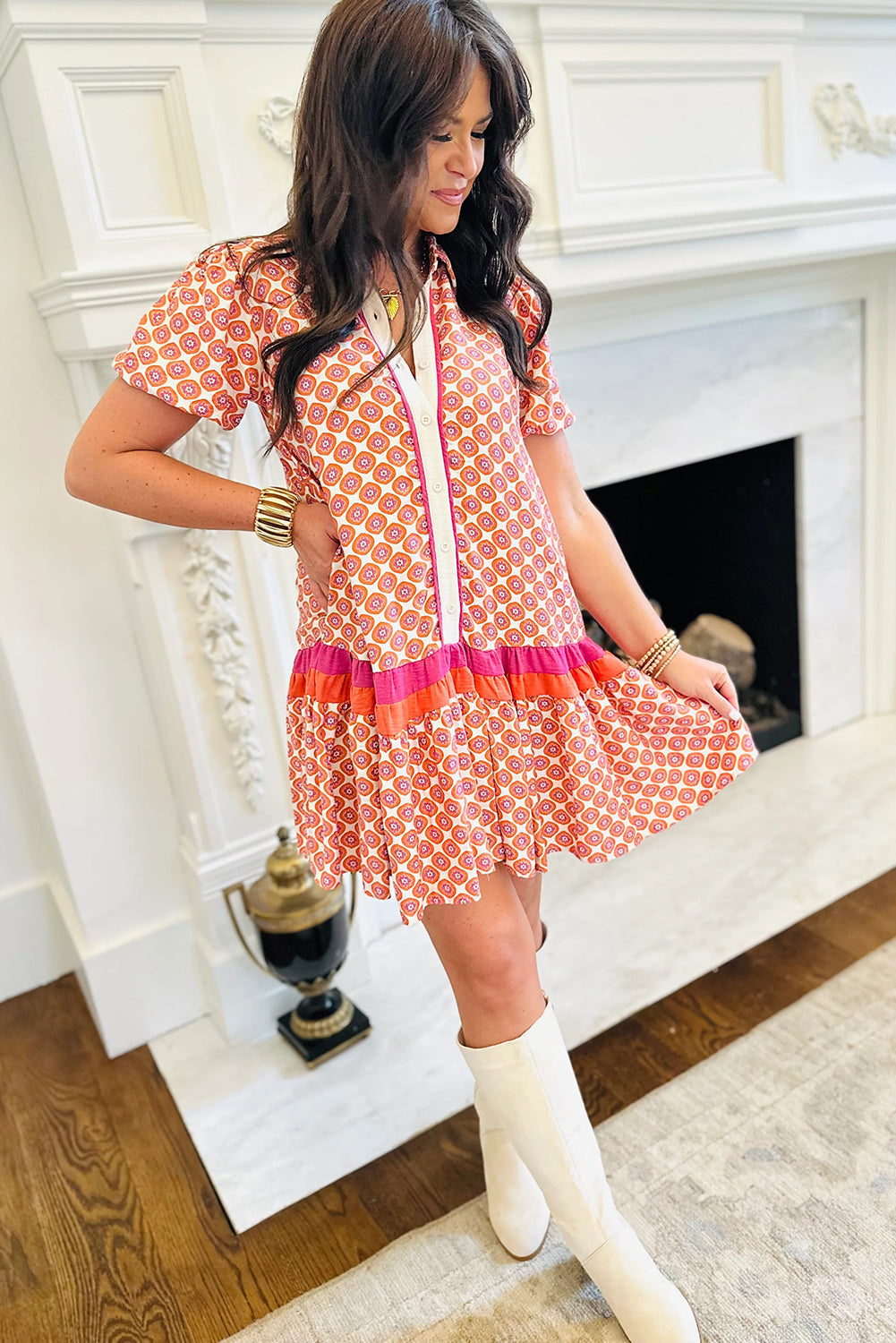 Orange Geometric Print Button Front Ruffle Hem Mini Dress