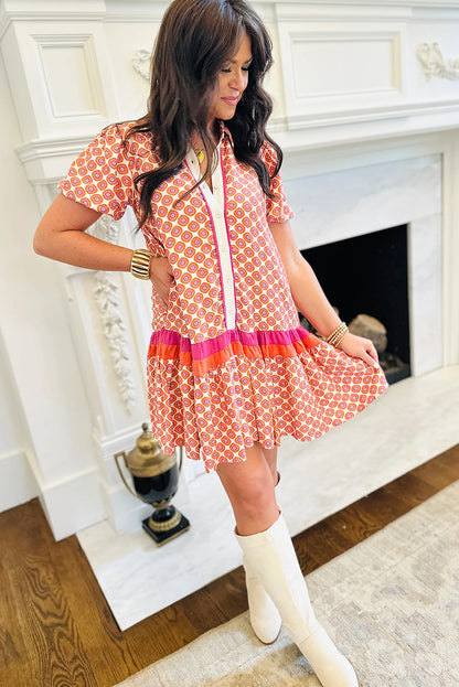 Orange Geometric Print Button Front Ruffle Hem Mini Dress