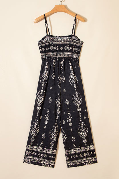 Black Boho Print Spaghetti Strap Wide Leg Jumpsuit