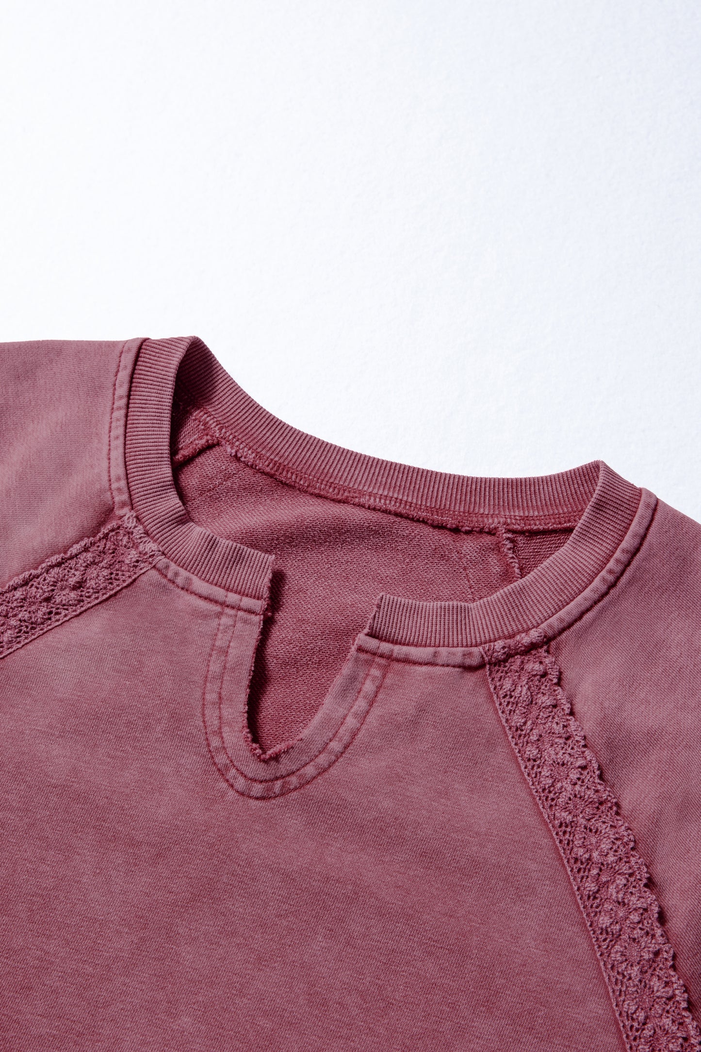 Lace Patchwork Notched Neck Mineral Wash Sweatshirt