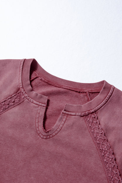 Lace Patchwork Notched Neck Mineral Wash Sweatshirt