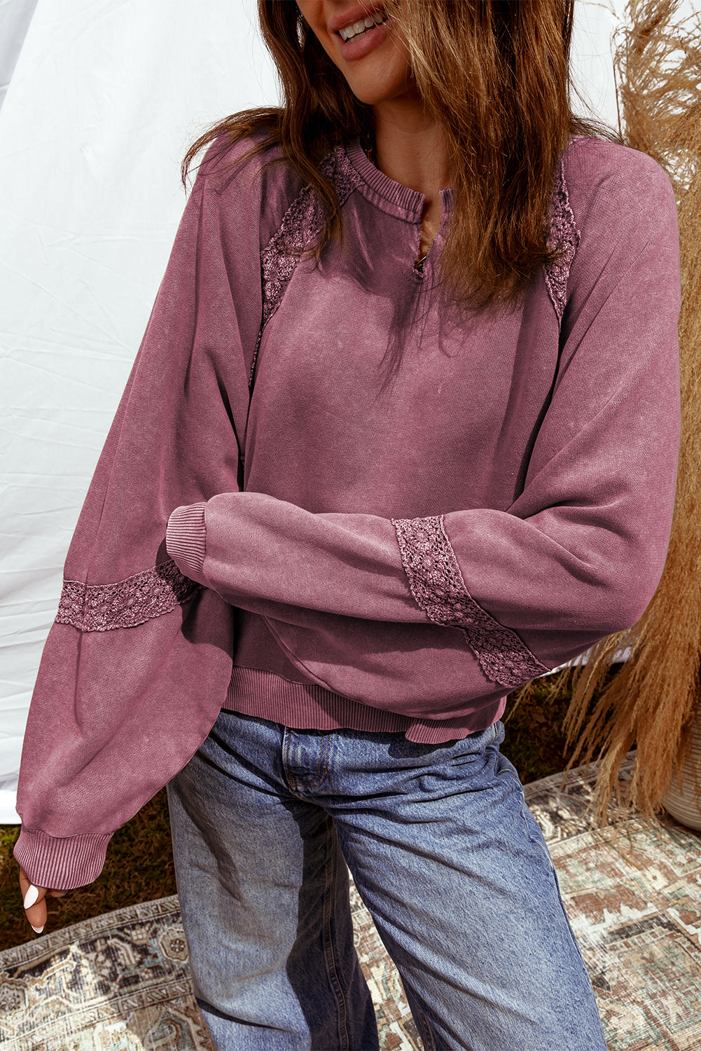 Lace Patchwork Notched Neck Mineral Wash Sweatshirt