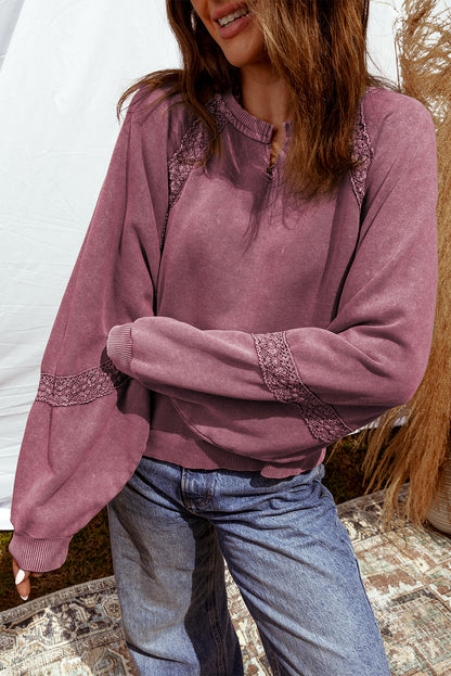 Lace Patchwork Notched Neck Mineral Wash Sweatshirt