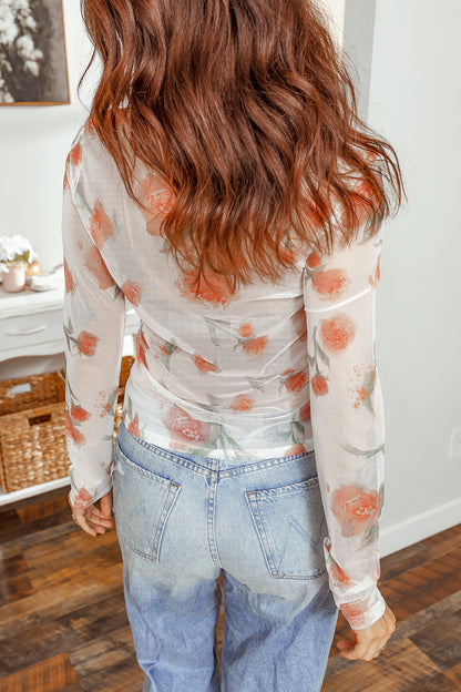 Floral Sheer Mesh Long Sleeve Layering Top Women
