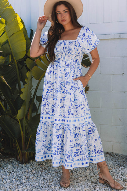 Blue Floral Square Neck Smocked Maxi Dress