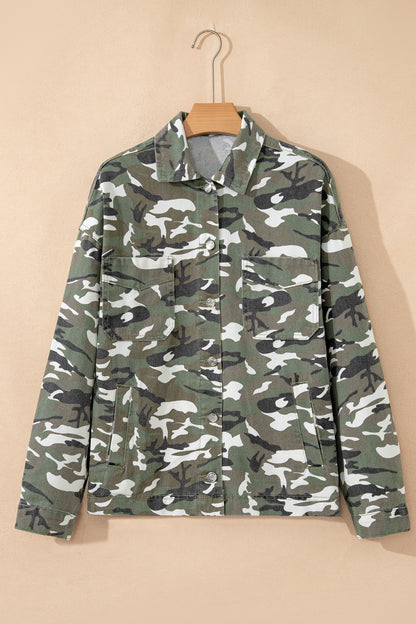 Green Camo Loose Denim Jacket with Chest Pockets