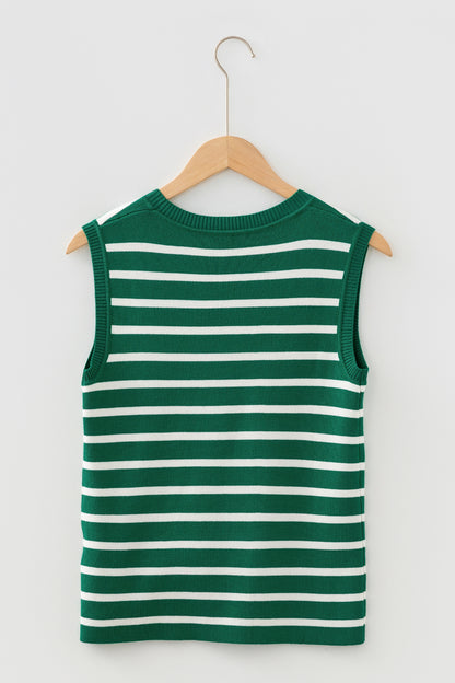 Green Striped Sleeveless Knit Sweater Vest Casual Top