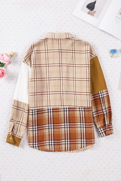 Color Block Plaid Corduroy Shacket with Pocket