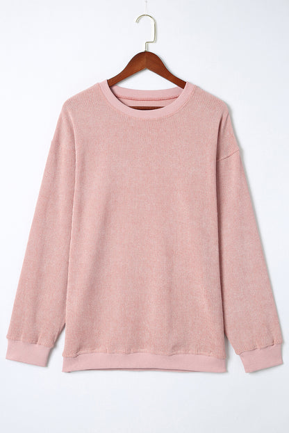 Customizable Solid Ribbed Knit Round Neck Casual PulloverSweatshirt