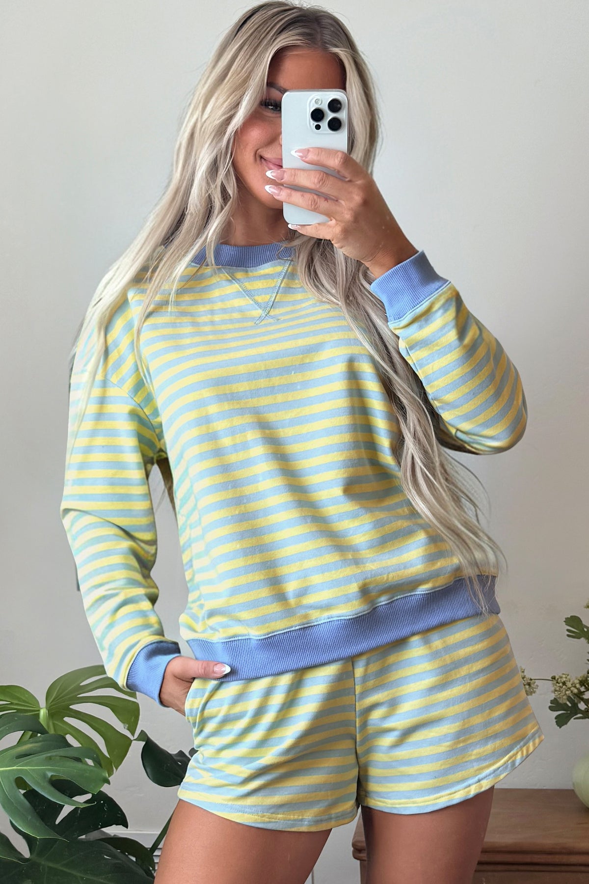 Striped Long Sleeve Pullover and Shorts Lounge Set