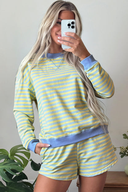 Striped Long Sleeve Pullover and Shorts Lounge Set