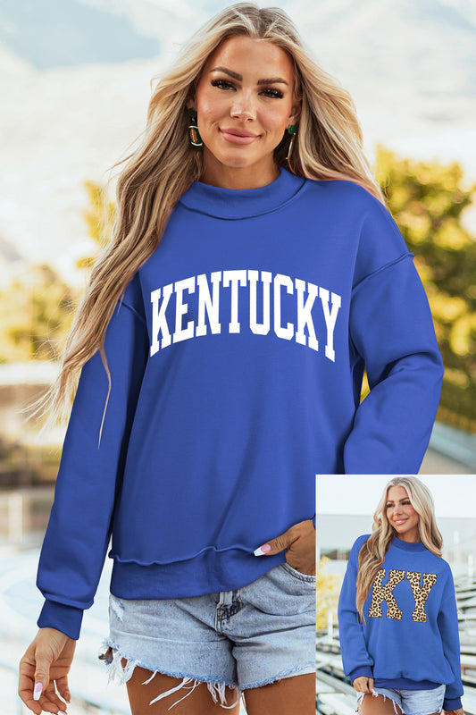Dark Blue KENTUCKY Leopard KY Letter Print Reversible High Neck Sweatshirt
