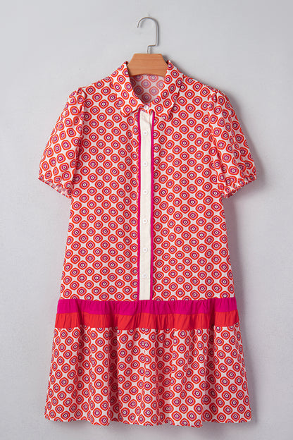 Orange Geometric Print Button Front Ruffle Hem Mini Dress