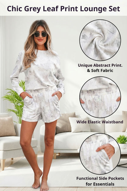 Beige Camo Print Lounge Pullover and Elastic Waist Short Set