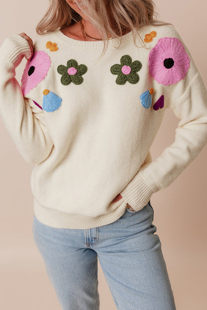 Pink Knitted Flower Pattern Ribbed Edge Sweater