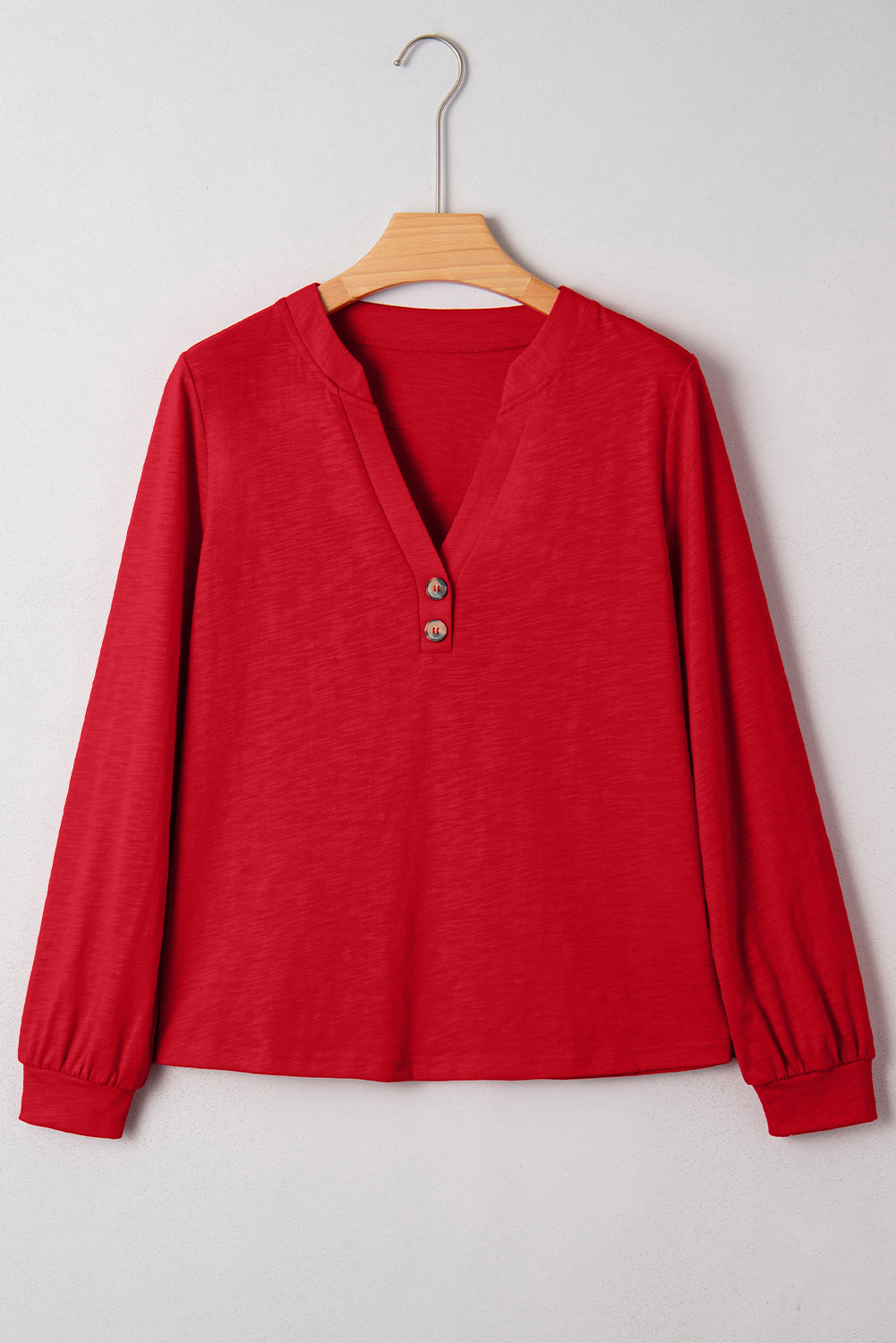 Light French Beige Solid Color Button V Neck Long Sleeve Top
