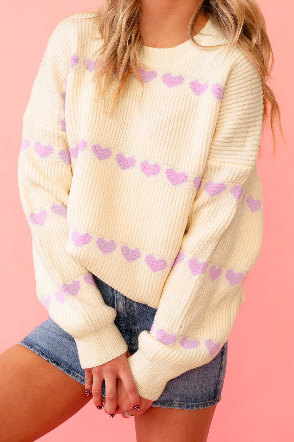 Cream Ribbed Knit Sweater with Pink Heart Pattern Valentine Top
