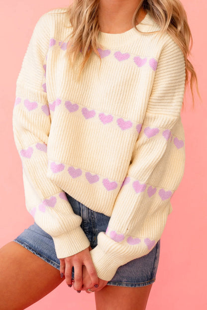 Cream Ribbed Knit Sweater with Pink Heart Pattern Valentine Top