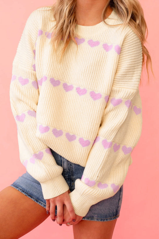 Cream Ribbed Knit Sweater with Pink Heart Pattern Valentine Top