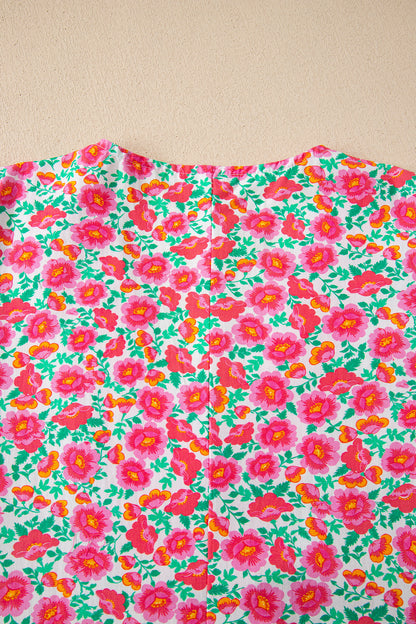 Pink Floral V Neck Puff Sleeve Mini Dress