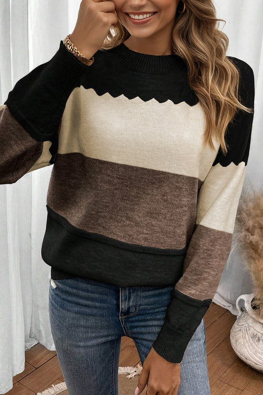 Black Beige Brown Colorblock Drop Shoulder Knit Sweater