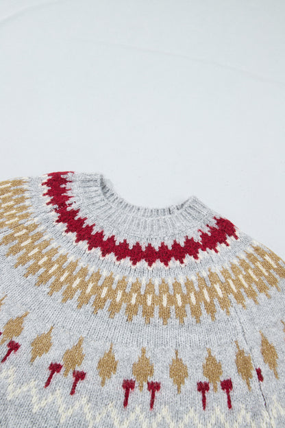 Gray Geometric Detail Round Neck Winter Sweater