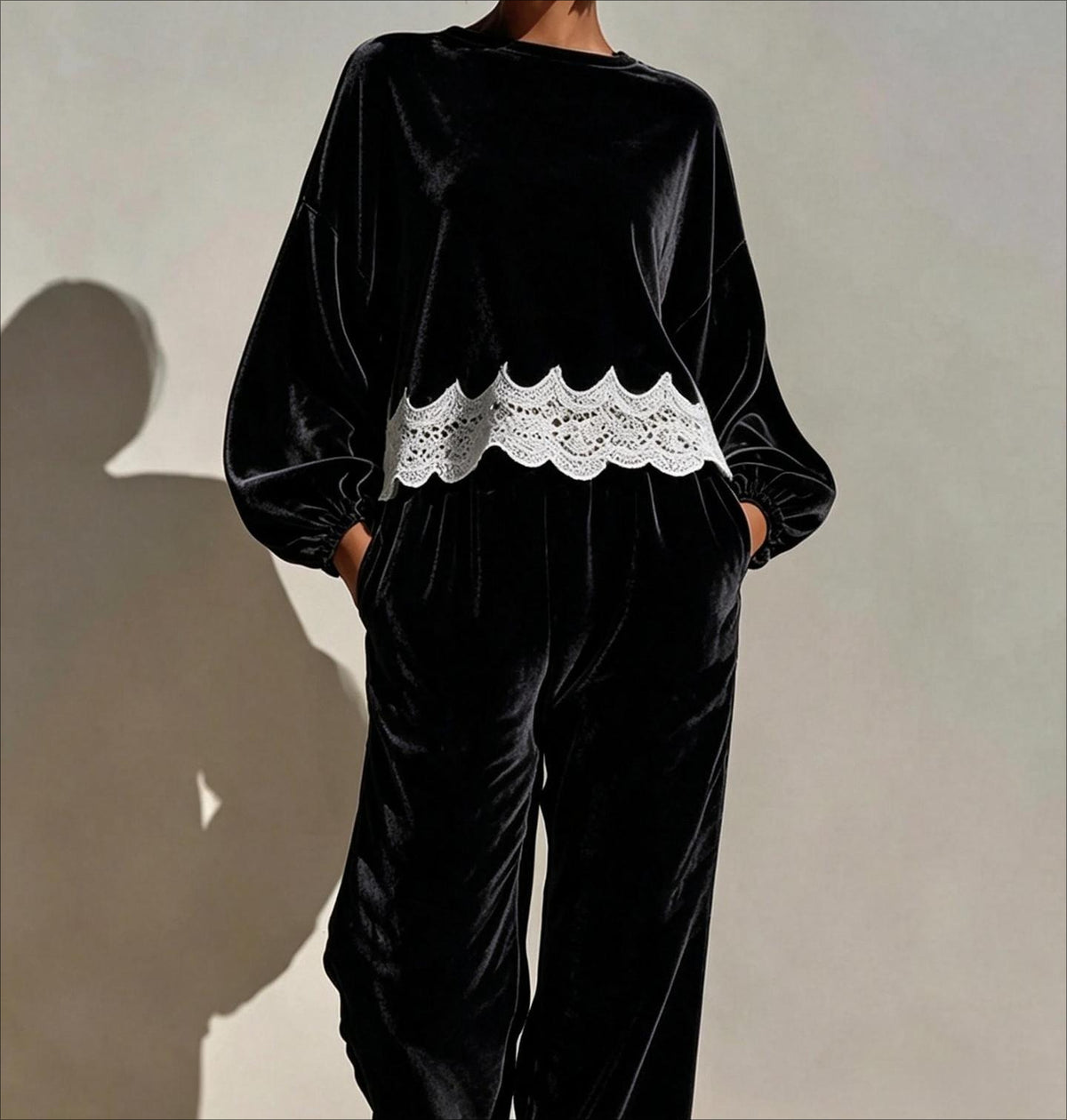 Velvet Lace Trim Balloon Sleeve Two Piece Lounge Set
