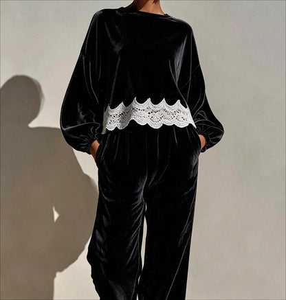 Velvet Lace Trim Balloon Sleeve Two Piece Lounge Set