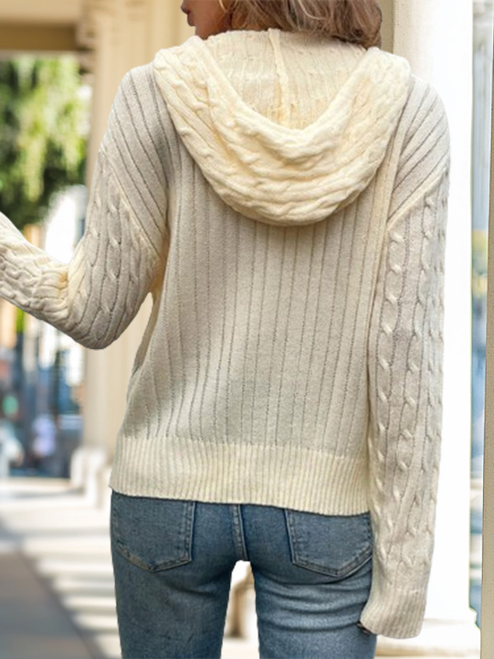 Solid Color Sweater Cardigan with Hood and Twisted Design