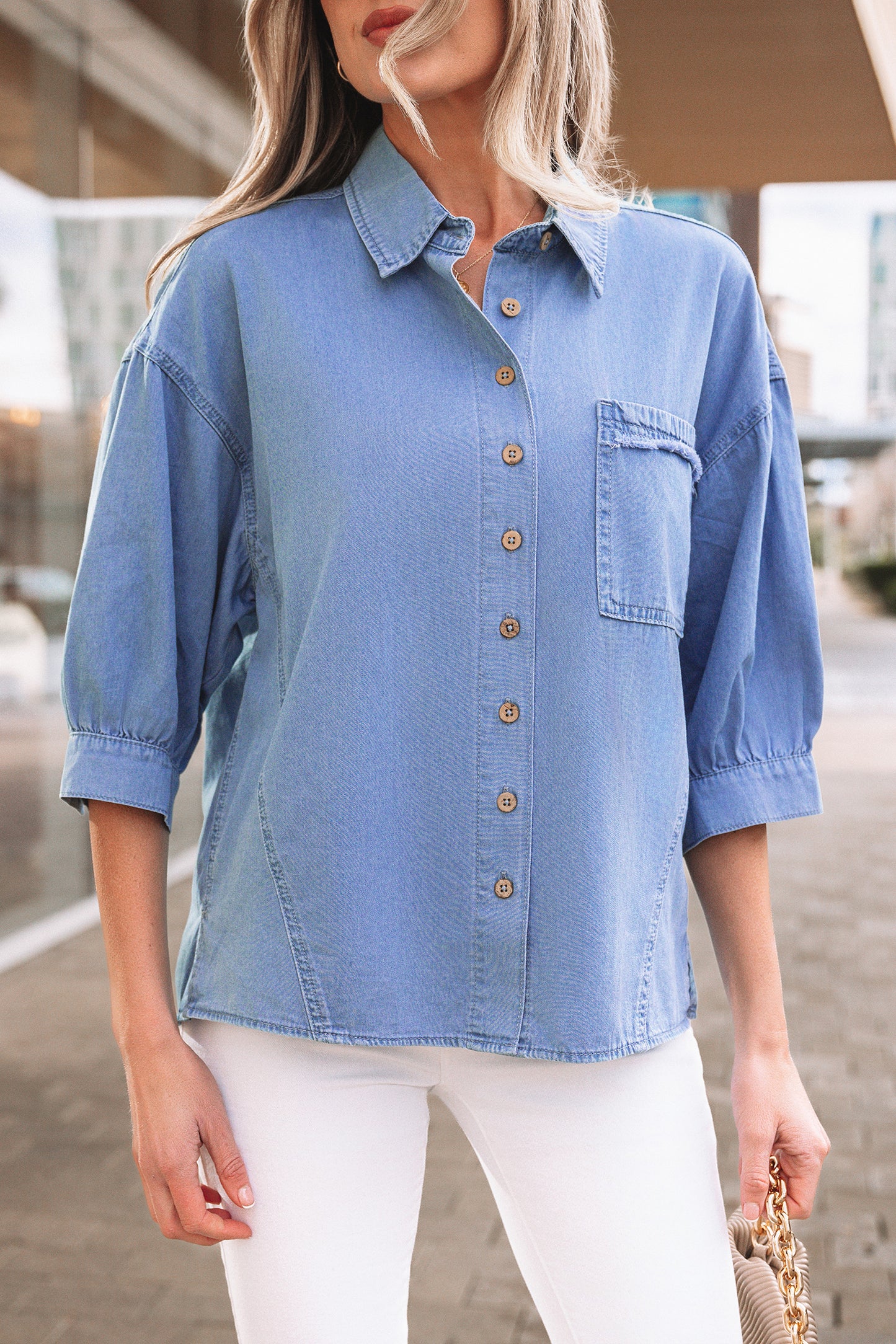 Washed Chambray Drop Shoulder Bracelet Sleeve Shirt