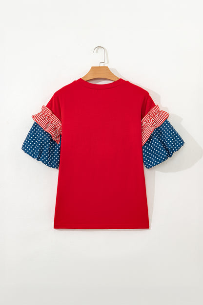 Patriotic Stars and Stripes Puff Sleeve Fourth of July Top