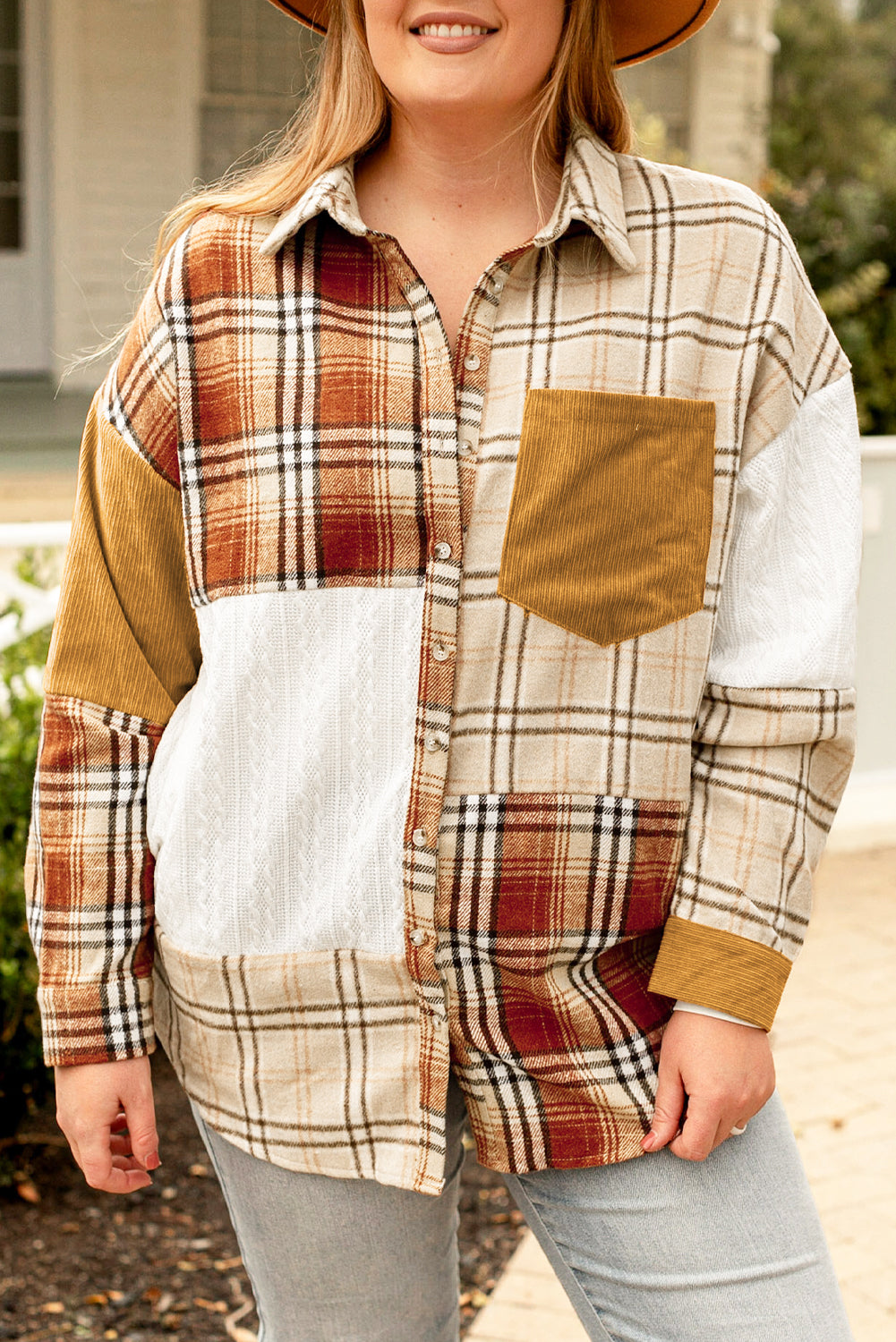 Golden Apricot Plus Size Plaid Patchwork Button up Shacket