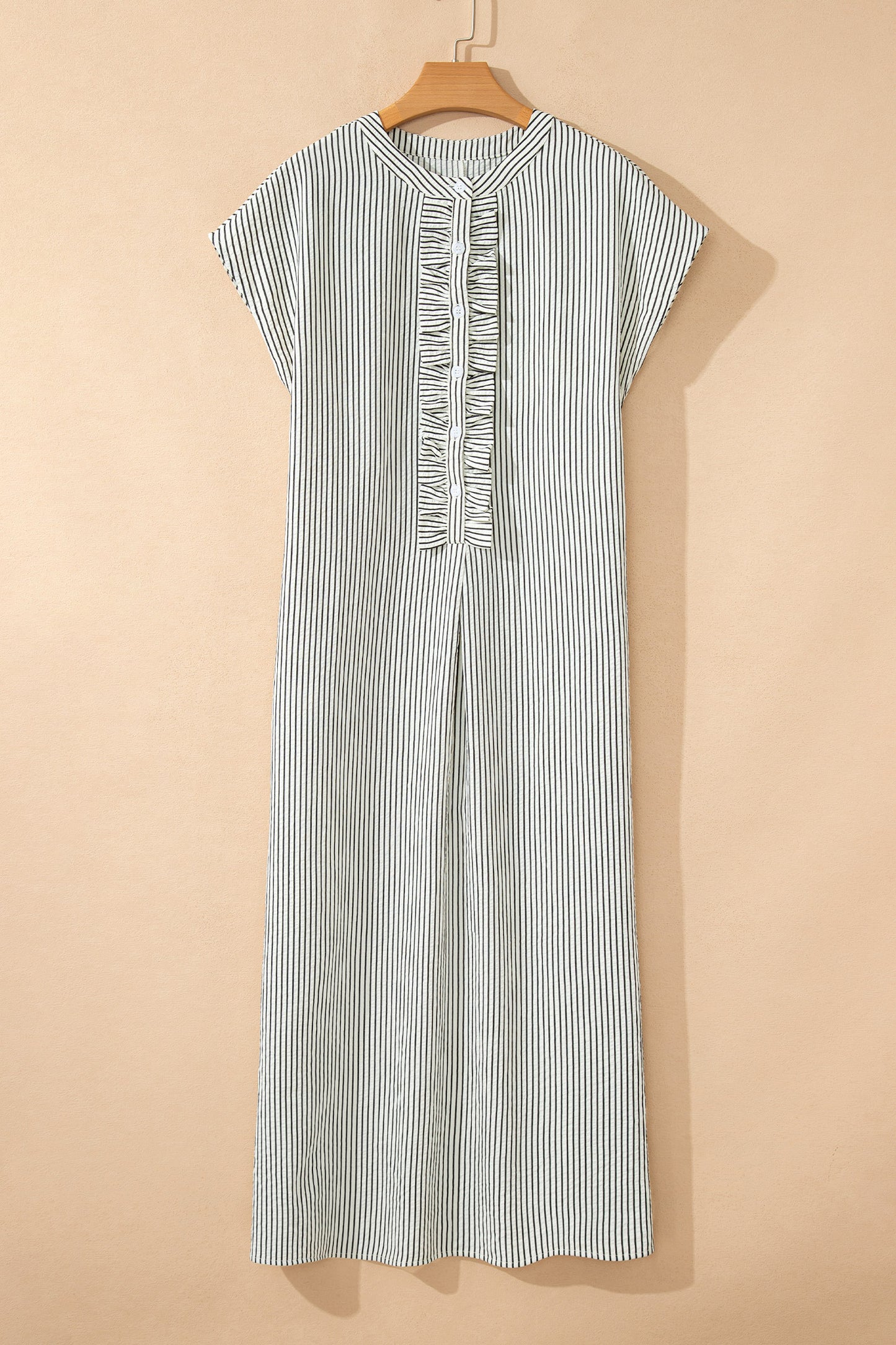Black Stripe Ruffle Half-Button Short Sleeve Maxi Dress