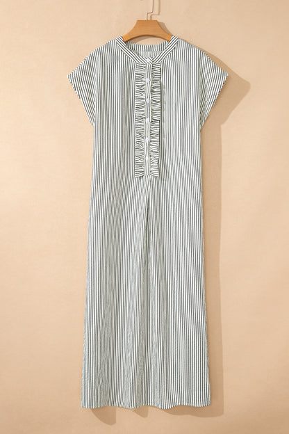 Black Stripe Ruffle Half-Button Short Sleeve Maxi Dress