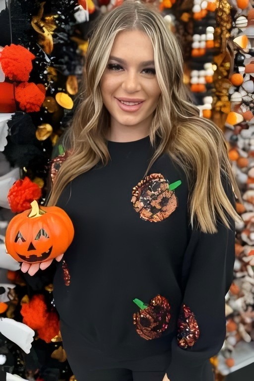 Plus Size Black Halloween Sequined Pumpkin Pattern Sweater