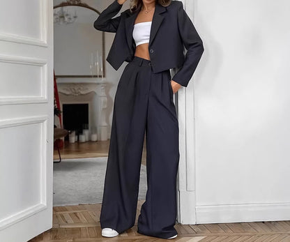 Women's 2 Piece Cropped Blazer Wide Leg Pants Set