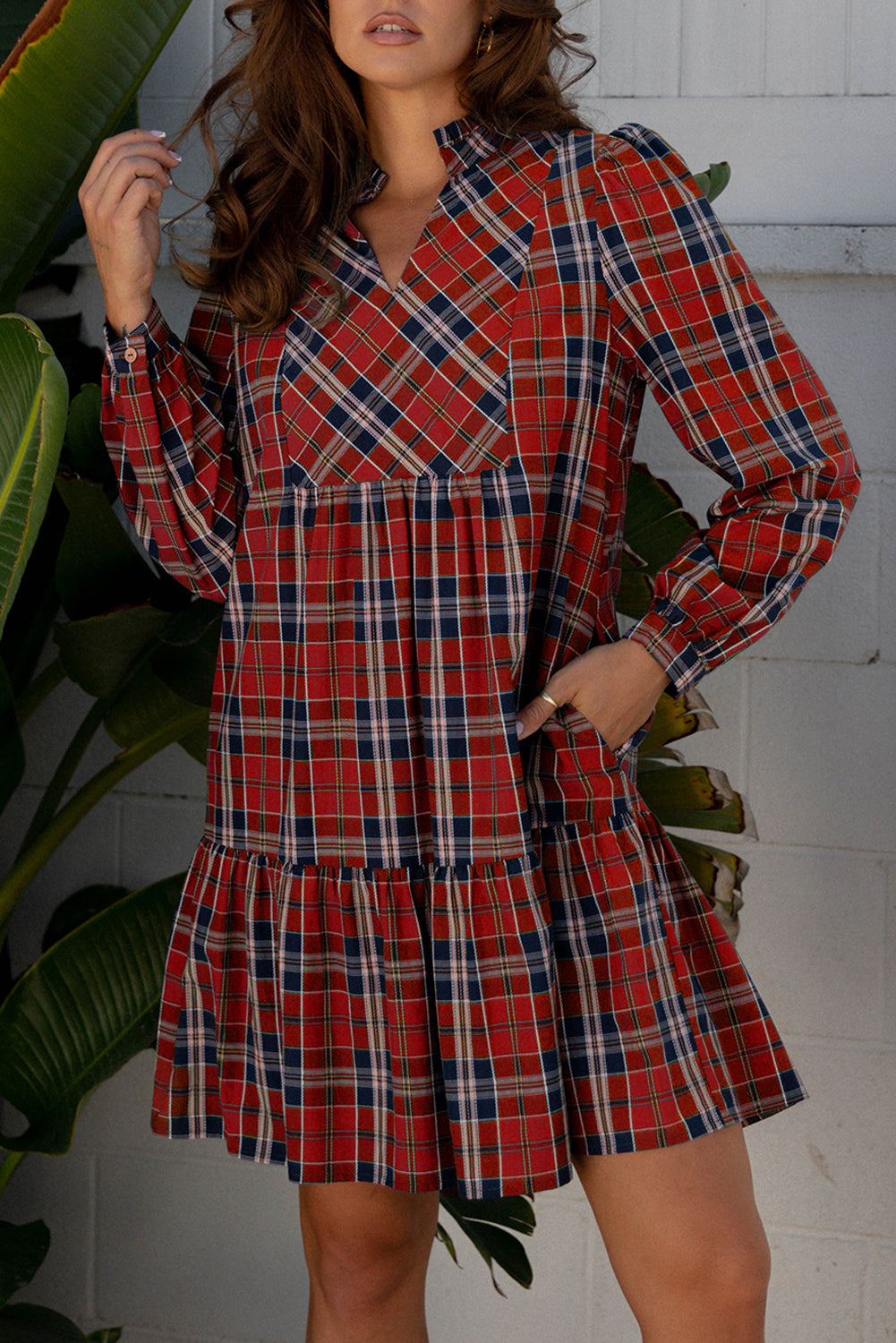 Christmas Red Plaid Print Frilly Collar Long Sleeve Dress