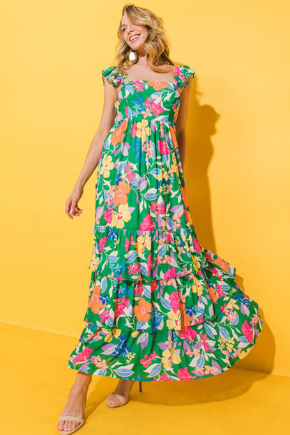 Easter Floral Square Neck Ruffle Strap Maxi Dress