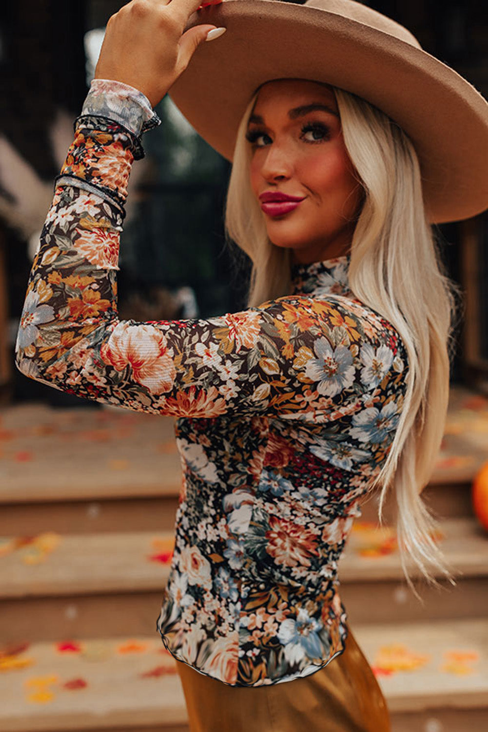 Brown Floral Mesh Mock Neck Long Sleeve Top