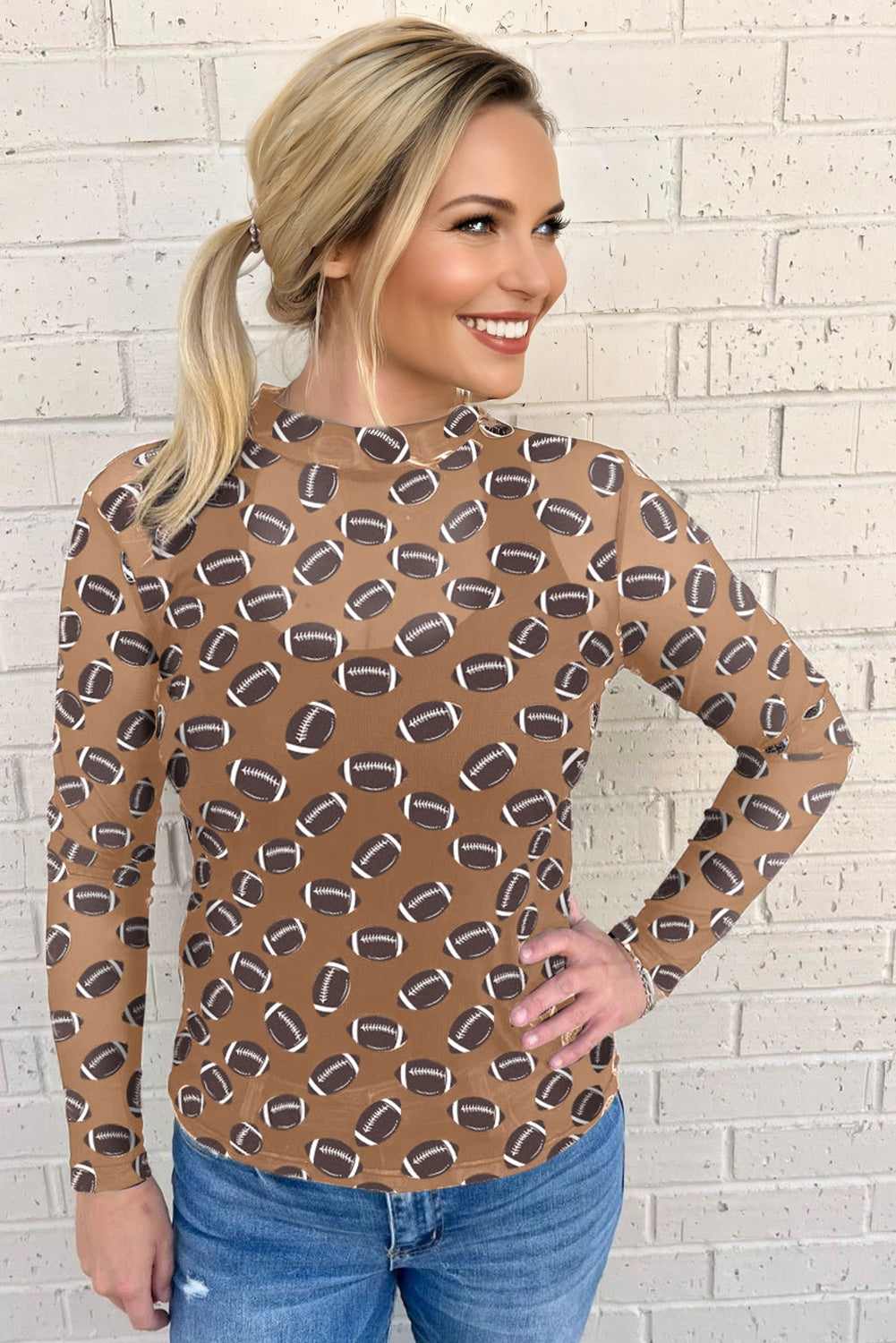 Football Print Mesh Mock Neck Game Day Long Sleeve Top